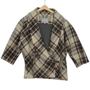 Classiques Entier Brown Cream Black Plaid Portrait Collar 3/4 Sleeve Wrap Jacket